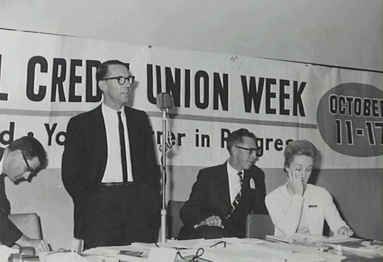 Godfrey addressing delegates at the 8th AGM of NSW Credit Union League during International Credit Union Week in October 1964.